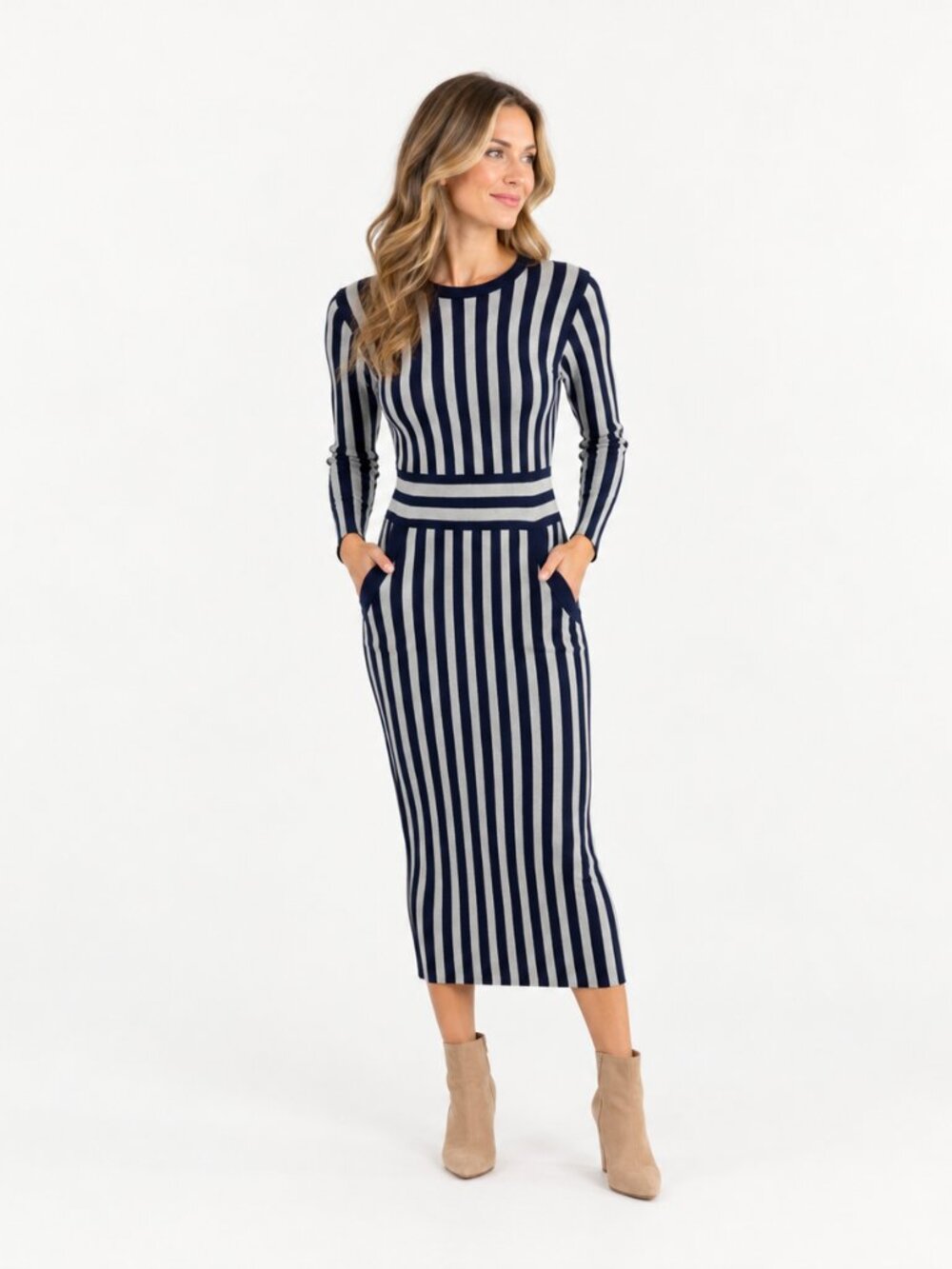 Zapelle Womens S 6 Blue Gray Striped Knit Midi Sweater Dress Pockets